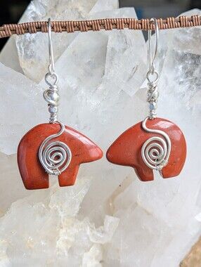 Sterling Silver Red Jasper Bear Earrings- Hand Carved Animal Fetish Jewelry